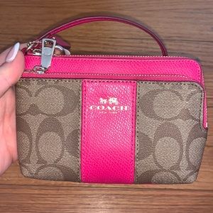 Pink and brown Coach small wristlet wallet